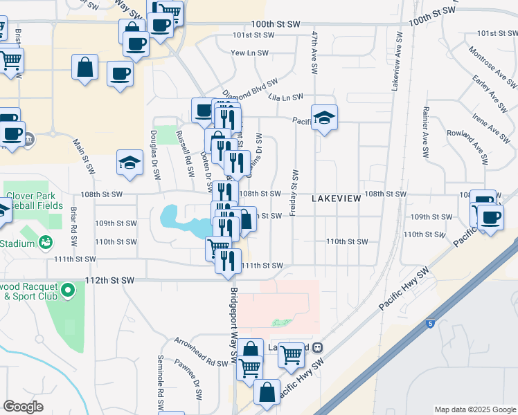 map of restaurants, bars, coffee shops, grocery stores, and more near 4916 108th Street Southwest in Lakewood