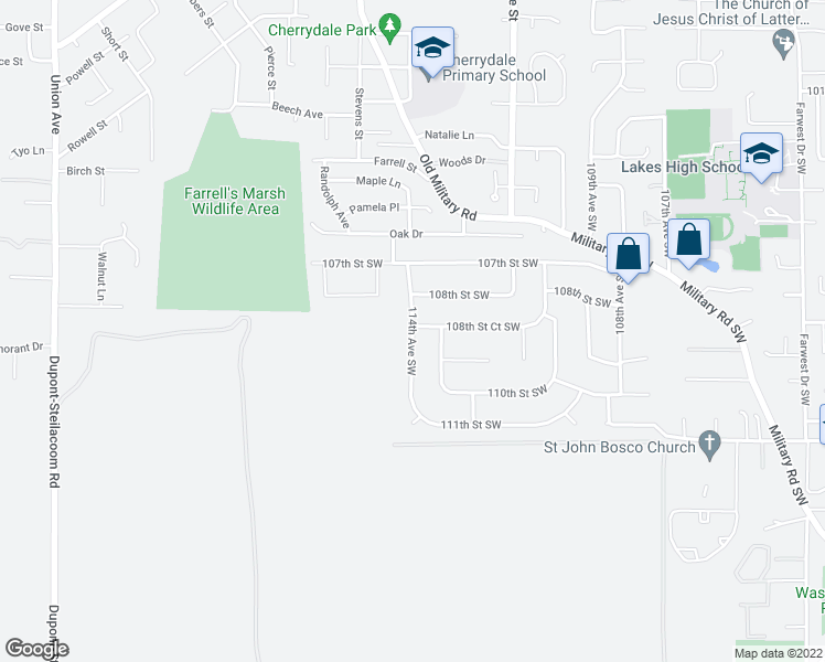 map of restaurants, bars, coffee shops, grocery stores, and more near 10902 114th Avenue Southwest in Lakewood