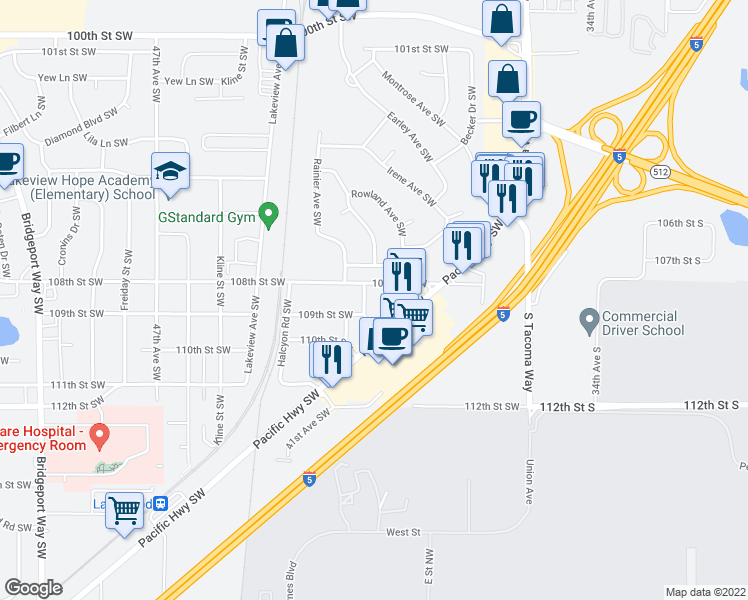 map of restaurants, bars, coffee shops, grocery stores, and more near 3918 108th Street Southwest in Lakewood
