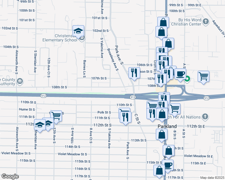 map of restaurants, bars, coffee shops, grocery stores, and more near 720 108th Street South in Tacoma