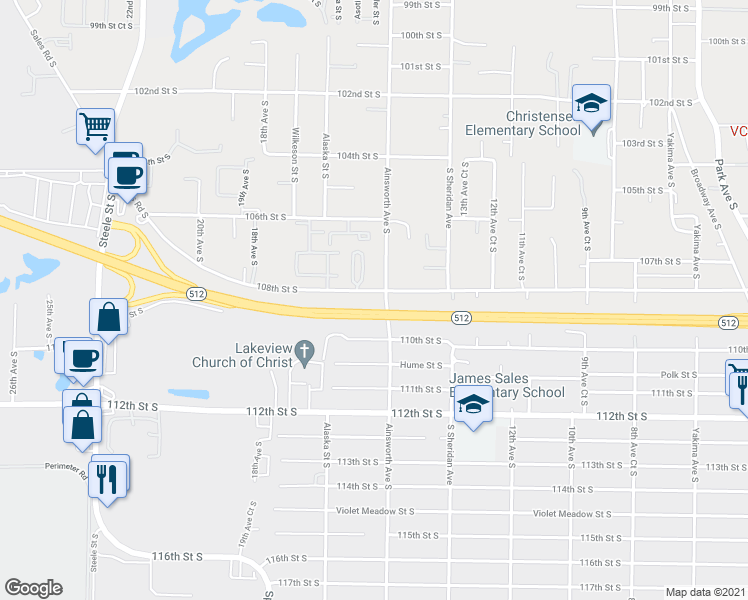 map of restaurants, bars, coffee shops, grocery stores, and more near 1612 108th Street South in Tacoma