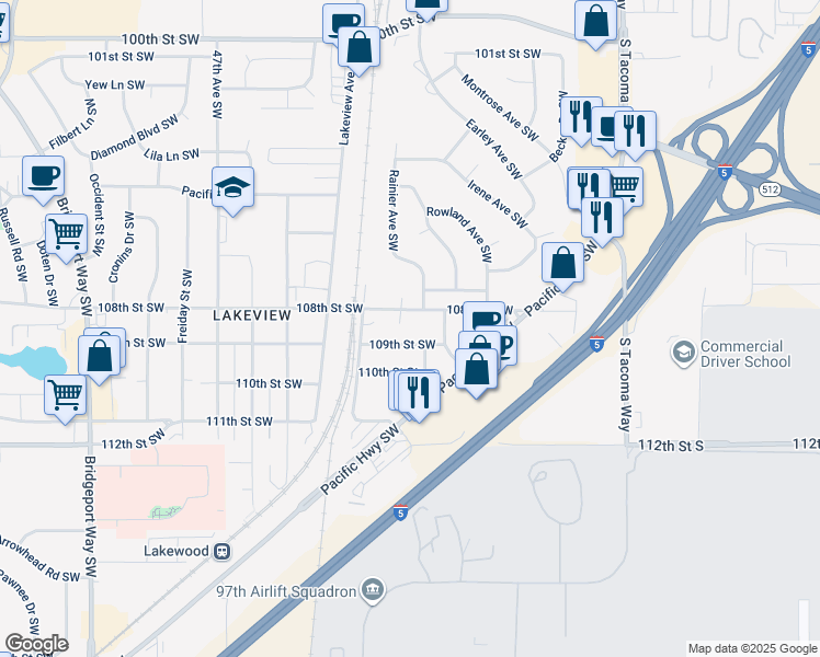 map of restaurants, bars, coffee shops, grocery stores, and more near 4401 109th Street Southwest in Lakewood