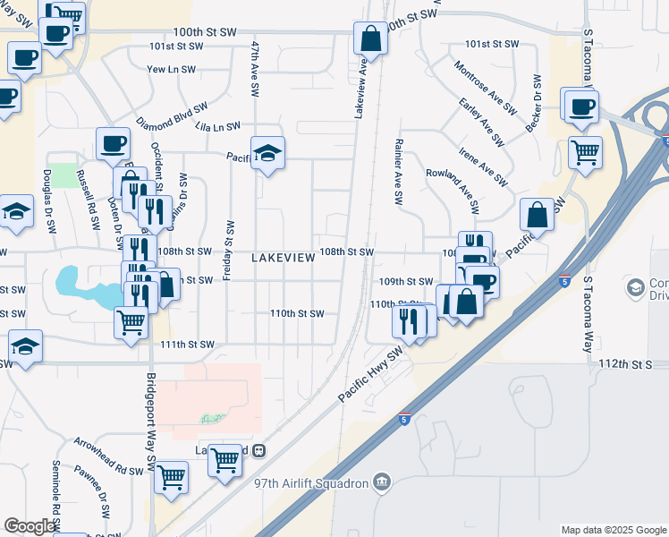 map of restaurants, bars, coffee shops, grocery stores, and more near 4418 109th Street Southwest in Lakewood