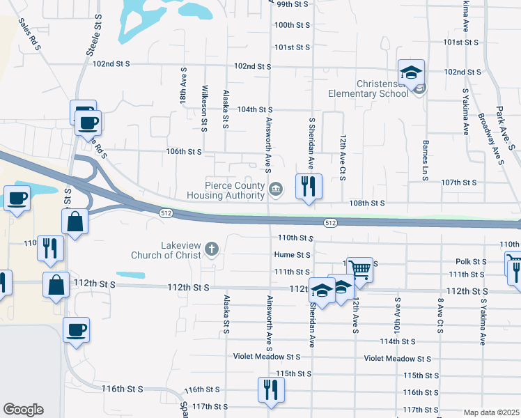 map of restaurants, bars, coffee shops, grocery stores, and more near 1612 108th Street South in Tacoma