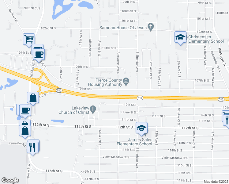 map of restaurants, bars, coffee shops, grocery stores, and more near 1612 108th Street South in Tacoma