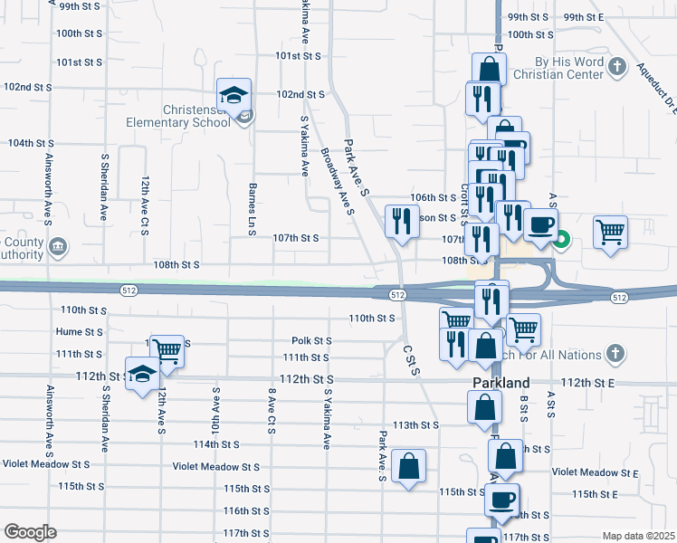 map of restaurants, bars, coffee shops, grocery stores, and more near 720 108th Street South in Tacoma