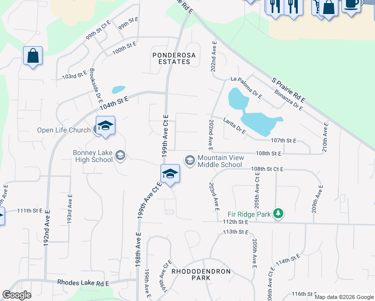 map of restaurants, bars, coffee shops, grocery stores, and more near 20108 107th Street Court East in Sumner