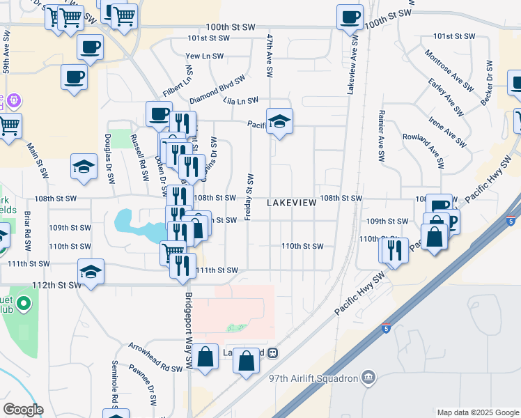 map of restaurants, bars, coffee shops, grocery stores, and more near 4715 109th Street Southwest in Lakewood