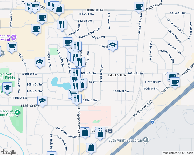 map of restaurants, bars, coffee shops, grocery stores, and more near 10914 Addison Street Southwest in Lakewood