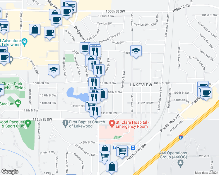 map of restaurants, bars, coffee shops, grocery stores, and more near 10901 Occident Street Southwest in Lakewood