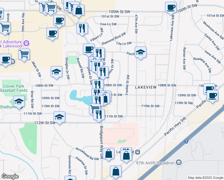 map of restaurants, bars, coffee shops, grocery stores, and more near 10901 Occident Street Southwest in Lakewood