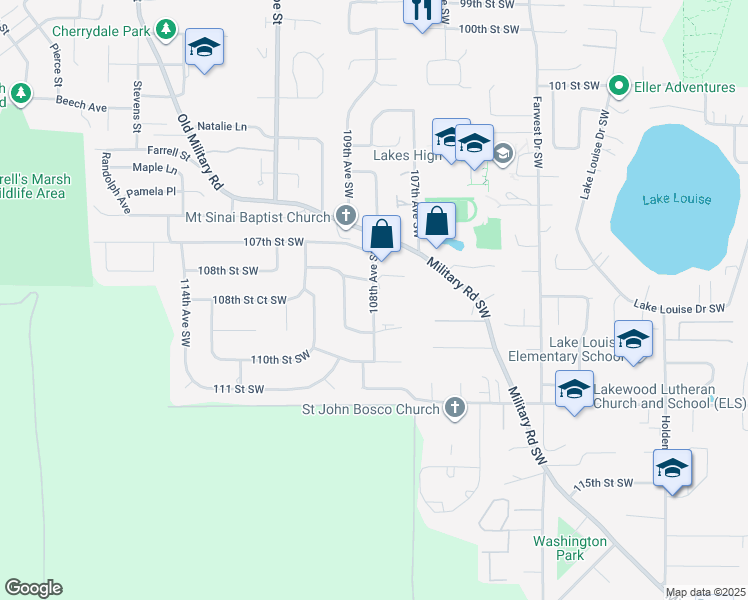 map of restaurants, bars, coffee shops, grocery stores, and more near 10820 108th Avenue Southwest in Lakewood