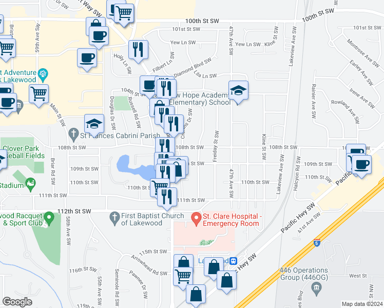 map of restaurants, bars, coffee shops, grocery stores, and more near 4912 108th Street Southwest in Lakewood