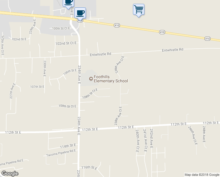 map of restaurants, bars, coffee shops, grocery stores, and more near 23698 108th Street Court East in Buckley