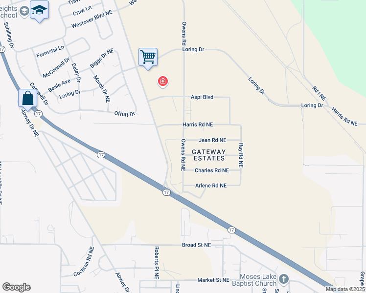 map of restaurants, bars, coffee shops, grocery stores, and more near 4848 Owens Road in Moses Lake