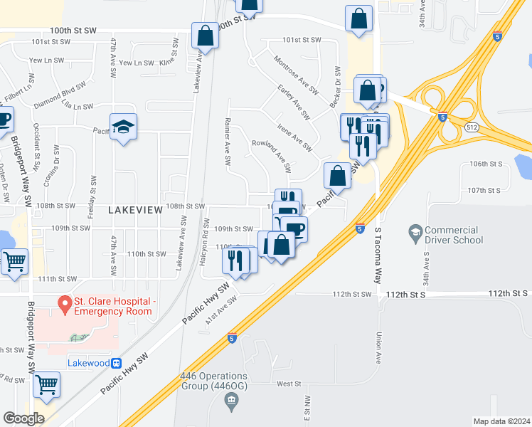 map of restaurants, bars, coffee shops, grocery stores, and more near 3918 108th Street Southwest in Lakewood