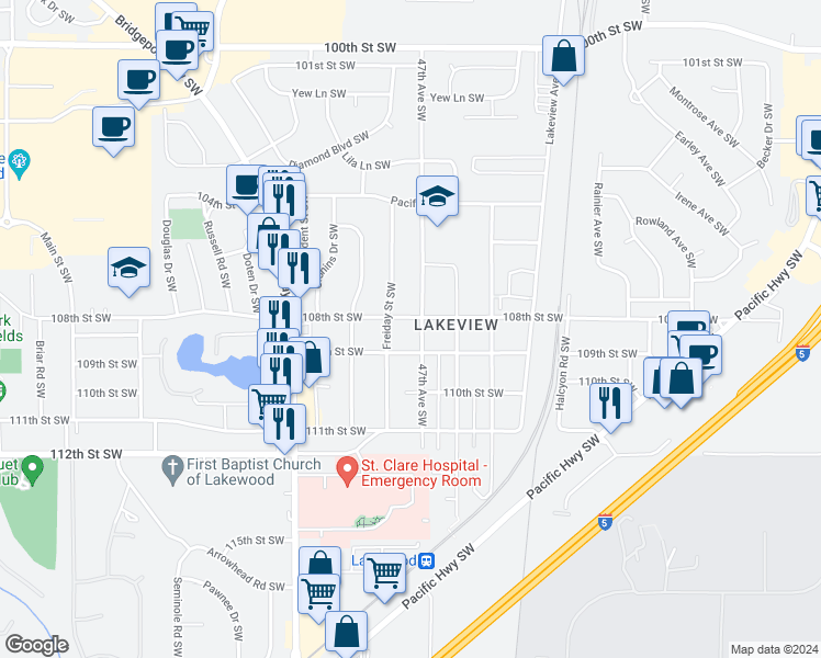 map of restaurants, bars, coffee shops, grocery stores, and more near 4702 108th Street Southwest in Tacoma