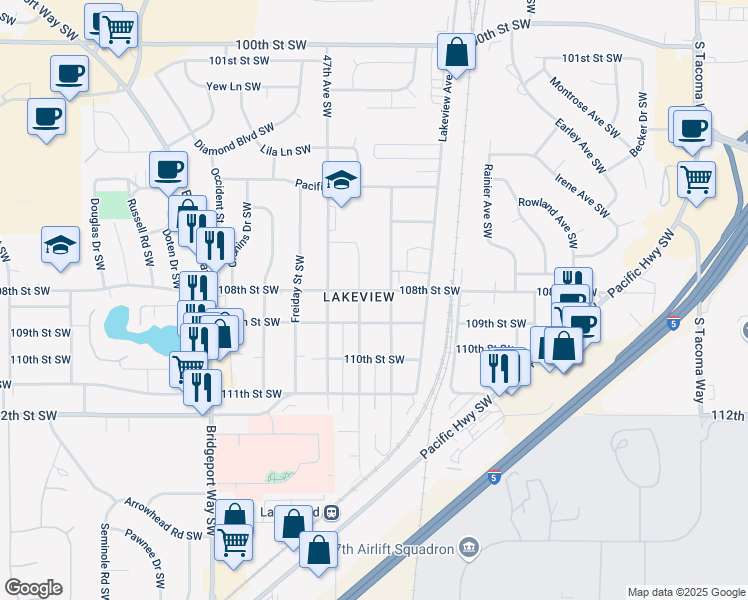 map of restaurants, bars, coffee shops, grocery stores, and more near 4512 109th Street Southwest in Tacoma