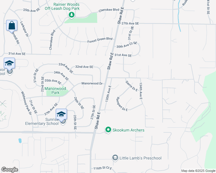 map of restaurants, bars, coffee shops, grocery stores, and more near 10614 130th Avenue East in Puyallup