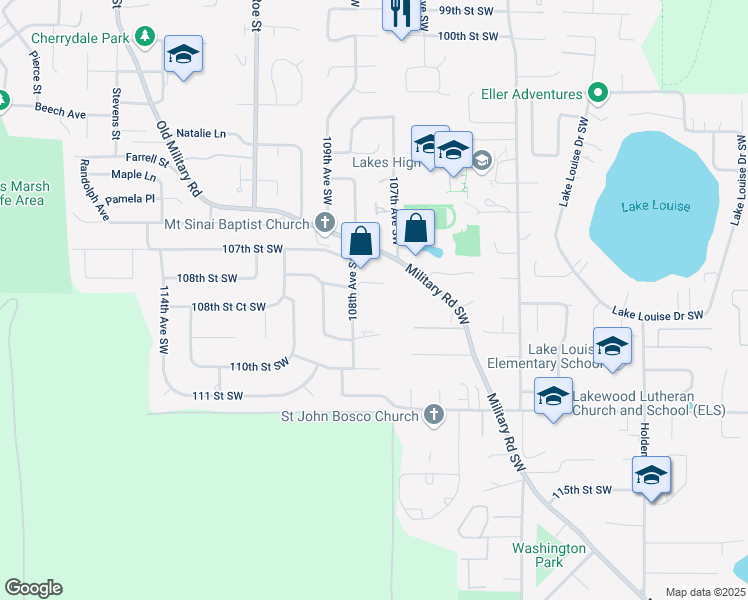 map of restaurants, bars, coffee shops, grocery stores, and more near 10701 109th Street Southwest in Tacoma