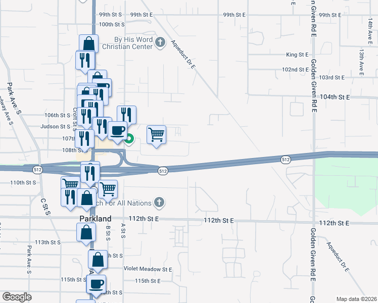 map of restaurants, bars, coffee shops, grocery stores, and more near 10749 A Street South in Tacoma