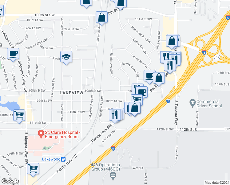 map of restaurants, bars, coffee shops, grocery stores, and more near 4110 108th Street Southwest in Tacoma