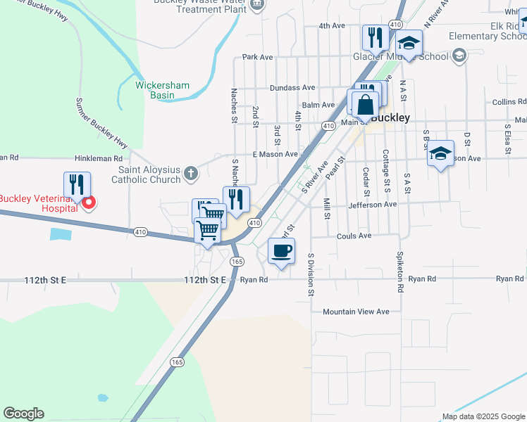 map of restaurants, bars, coffee shops, grocery stores, and more near 10901 Washington 410 in Buckley
