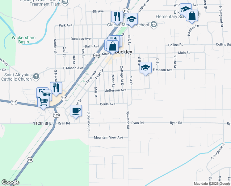 map of restaurants, bars, coffee shops, grocery stores, and more near 272 South Cedar Street in Buckley