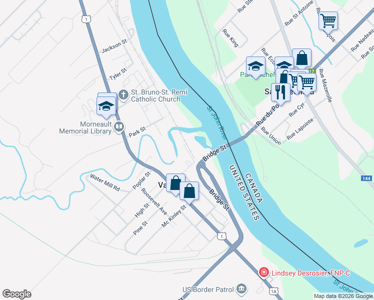 map of restaurants, bars, coffee shops, grocery stores, and more near 117 Riverside Street in Van Buren
