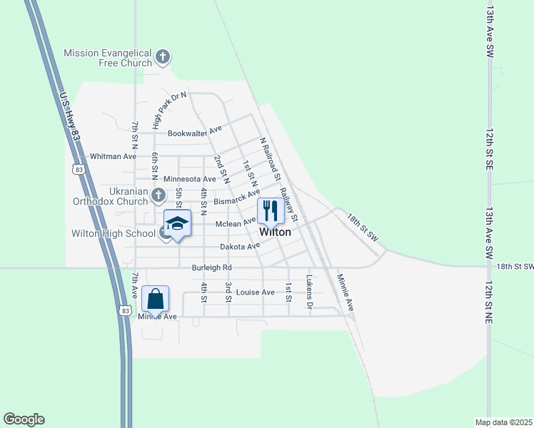 map of restaurants, bars, coffee shops, grocery stores, and more near in Wilton