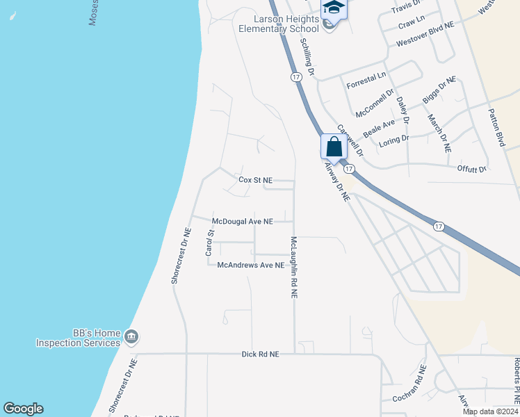 map of restaurants, bars, coffee shops, grocery stores, and more near 7669 McBee Street Northeast in Moses Lake