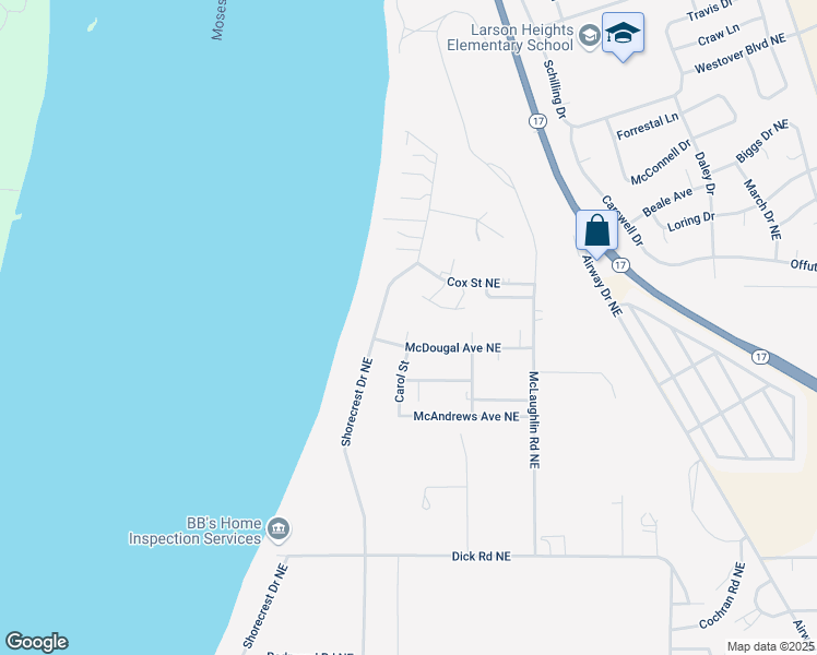 map of restaurants, bars, coffee shops, grocery stores, and more near 4985 Shorecrest Drive Northeast in Moses Lake
