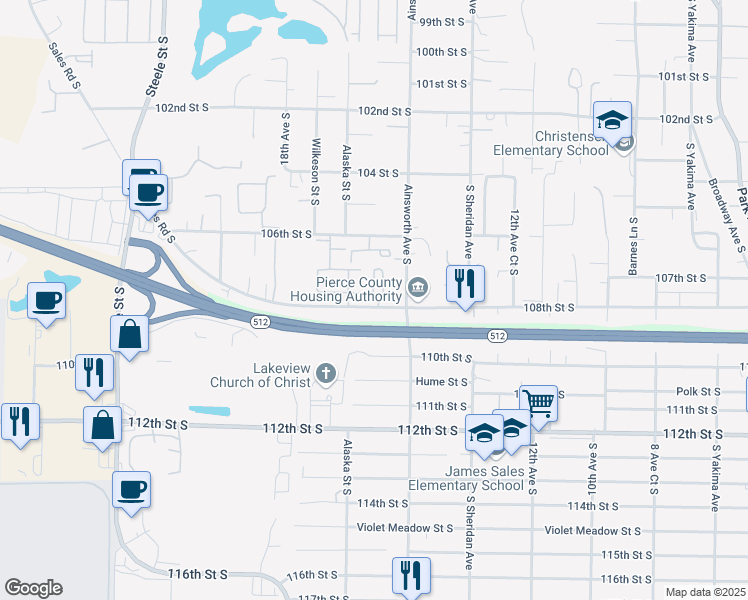 map of restaurants, bars, coffee shops, grocery stores, and more near 1617 108th Street South in Tacoma