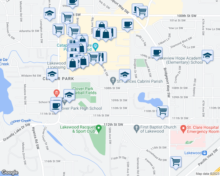 map of restaurants, bars, coffee shops, grocery stores, and more near 5005 Main Street Southwest in Lakewood