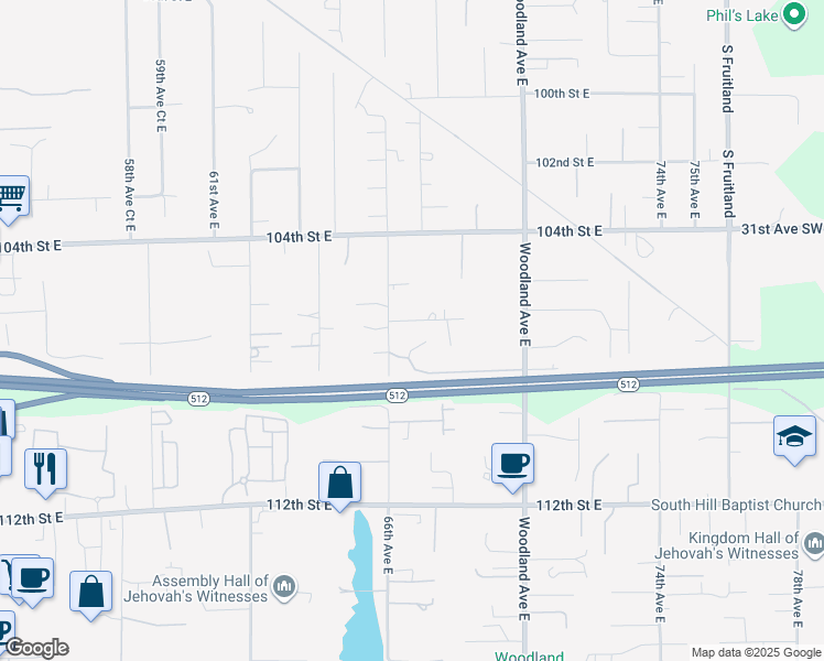 map of restaurants, bars, coffee shops, grocery stores, and more near 6608 106th Street Court East in Puyallup