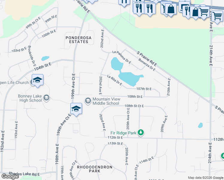map of restaurants, bars, coffee shops, grocery stores, and more near 10610 203rd Avenue East in Bonney Lake