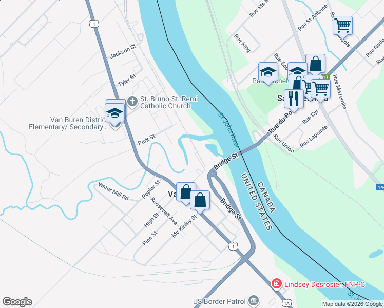 map of restaurants, bars, coffee shops, grocery stores, and more near 117 Riverside Street in Van Buren
