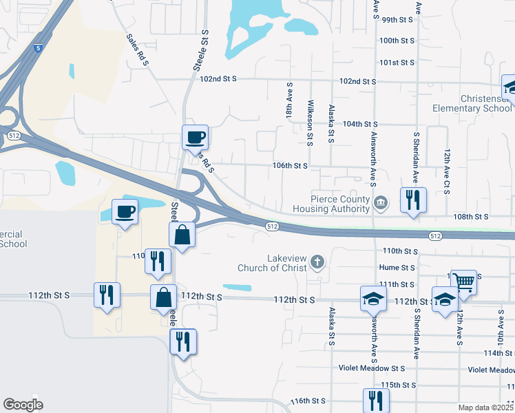 map of restaurants, bars, coffee shops, grocery stores, and more near 10715 Sales Road South in Tacoma