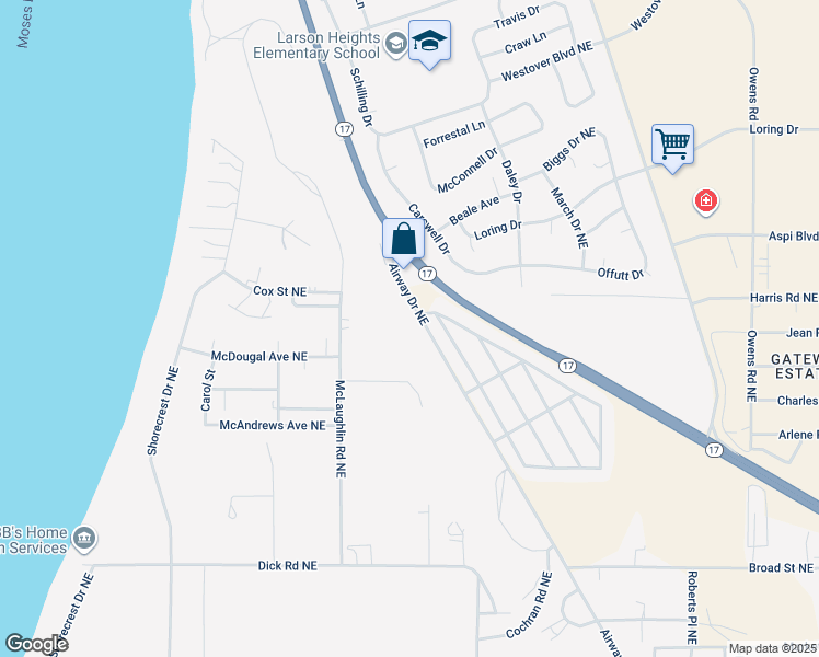 map of restaurants, bars, coffee shops, grocery stores, and more near 4946 Airway Drive Northeast in Moses Lake