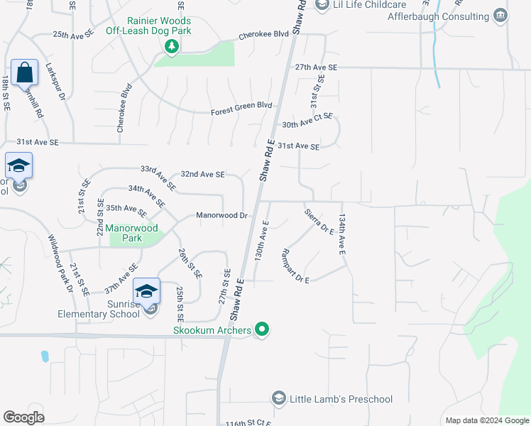 map of restaurants, bars, coffee shops, grocery stores, and more near 10626 130th Avenue East in Puyallup