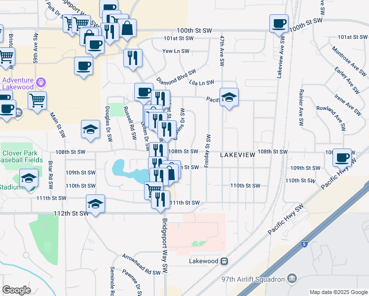 map of restaurants, bars, coffee shops, grocery stores, and more near 10617 Cronins Drive Southwest in Tacoma