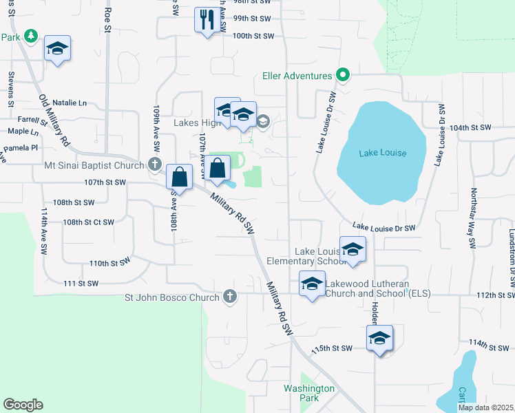 map of restaurants, bars, coffee shops, grocery stores, and more near 10413 107th Street Court Southwest in Lakewood
