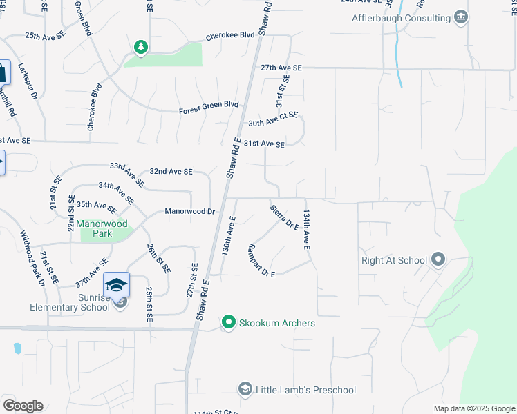 map of restaurants, bars, coffee shops, grocery stores, and more near 13019 107th Street East in Puyallup