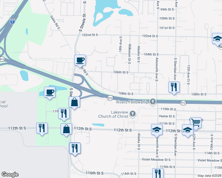map of restaurants, bars, coffee shops, grocery stores, and more near 1823 108th Street South in Tacoma