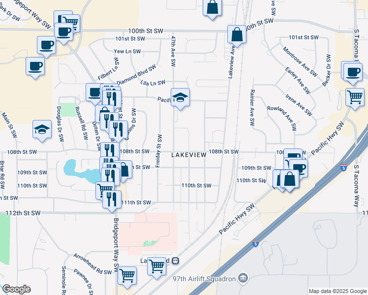 map of restaurants, bars, coffee shops, grocery stores, and more near 10607 47th Avenue Southwest in Tacoma