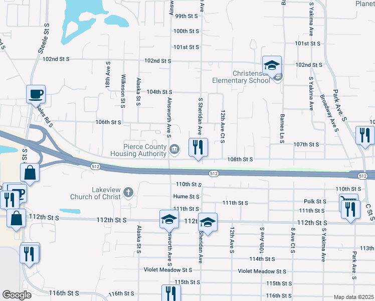 map of restaurants, bars, coffee shops, grocery stores, and more near 1489 107th Street Court South in Tacoma