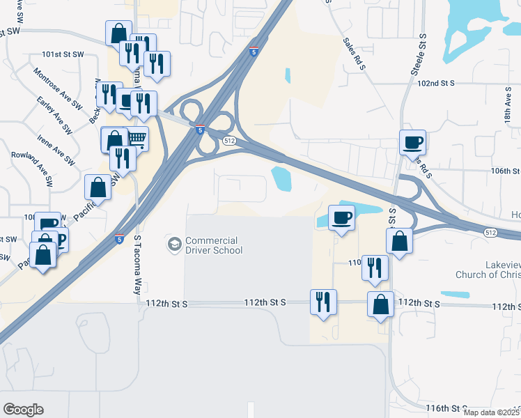 map of restaurants, bars, coffee shops, grocery stores, and more near 2900 107th Street South in Lakewood