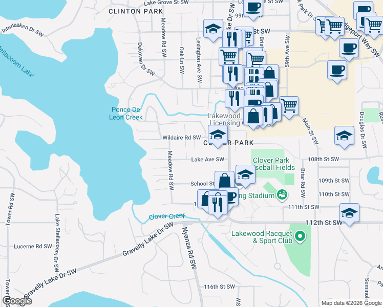map of restaurants, bars, coffee shops, grocery stores, and more near 6608 Wildaire Road Southwest in Lakewood