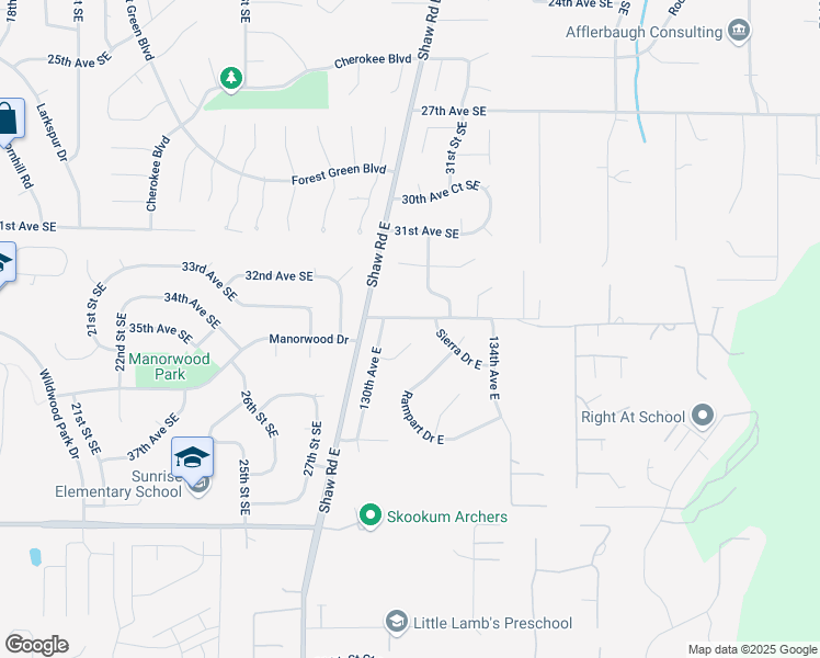 map of restaurants, bars, coffee shops, grocery stores, and more near 13019 107th Street East in Puyallup