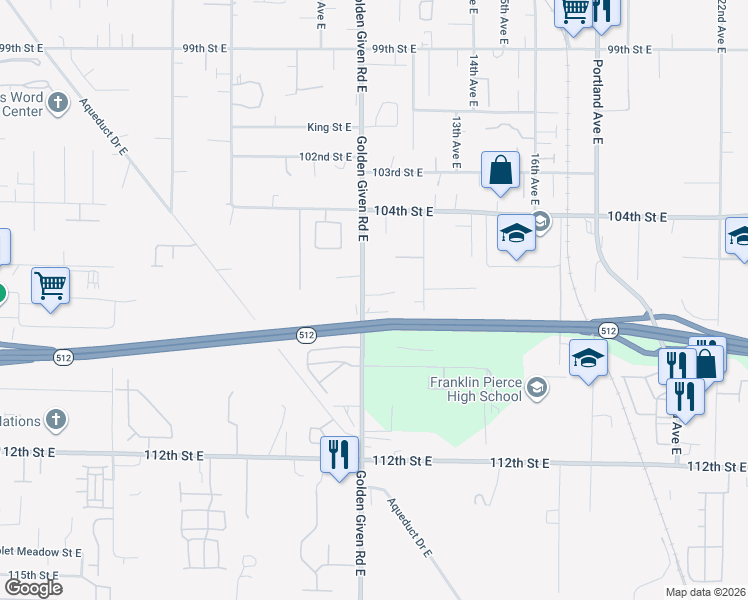 map of restaurants, bars, coffee shops, grocery stores, and more near 1107 106th Street East in Tacoma